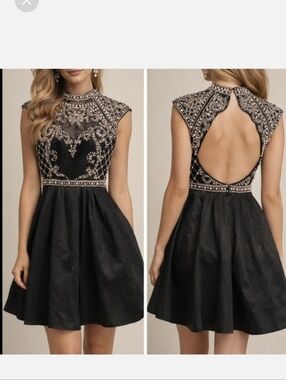 Sherri Hill Size 0 Embellished Cocktail Dress – Open Back, Flared Layered Skirt